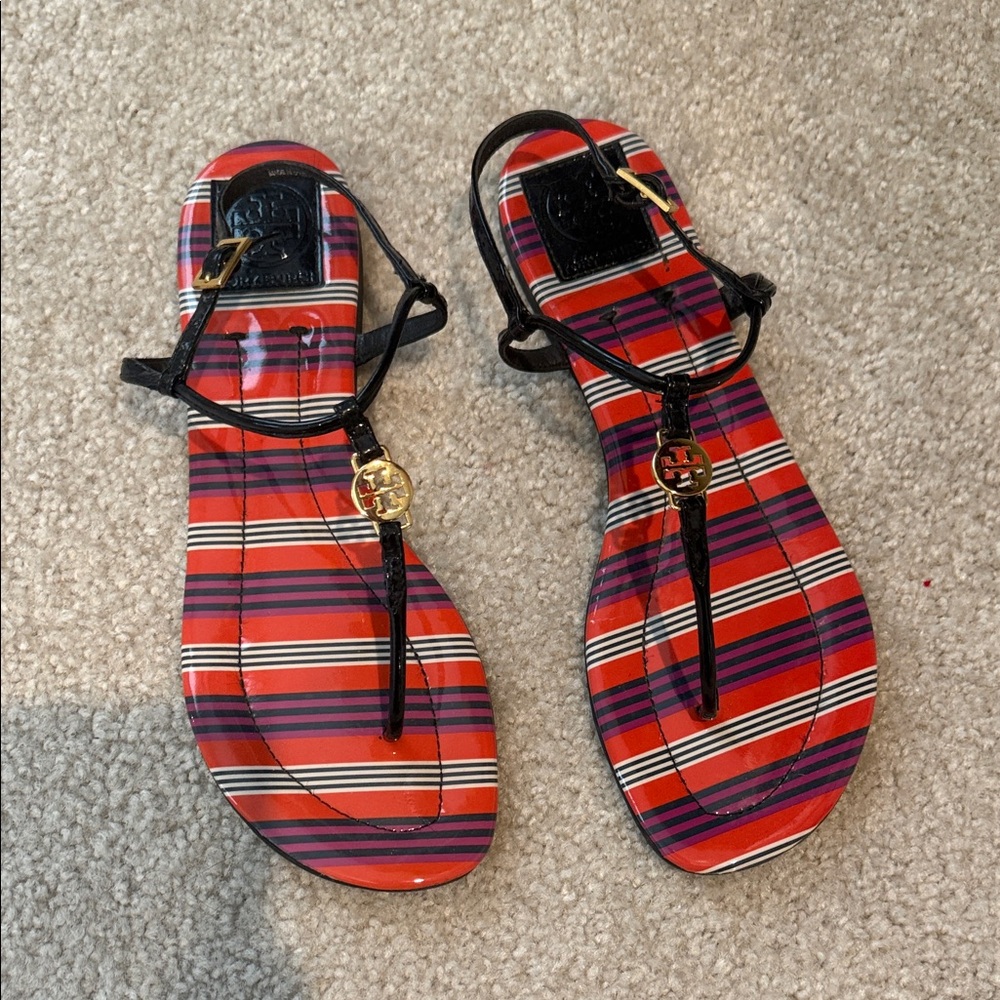 Tory Burch Red and Black Striped Sandals